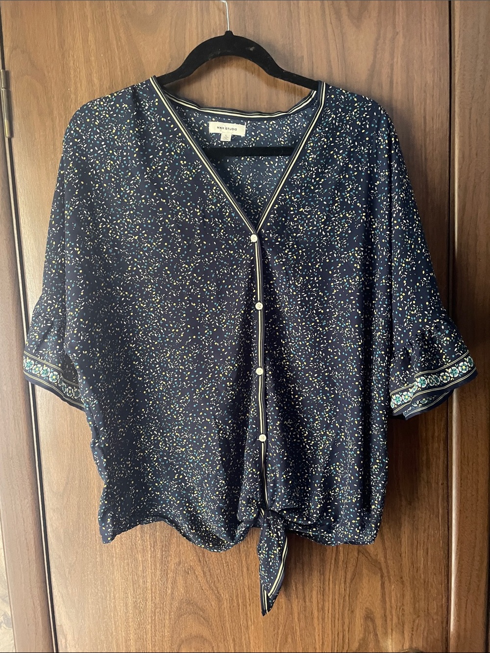Max Studio Navy Confetti Tie-Front Blouse with Pearl Buttons
